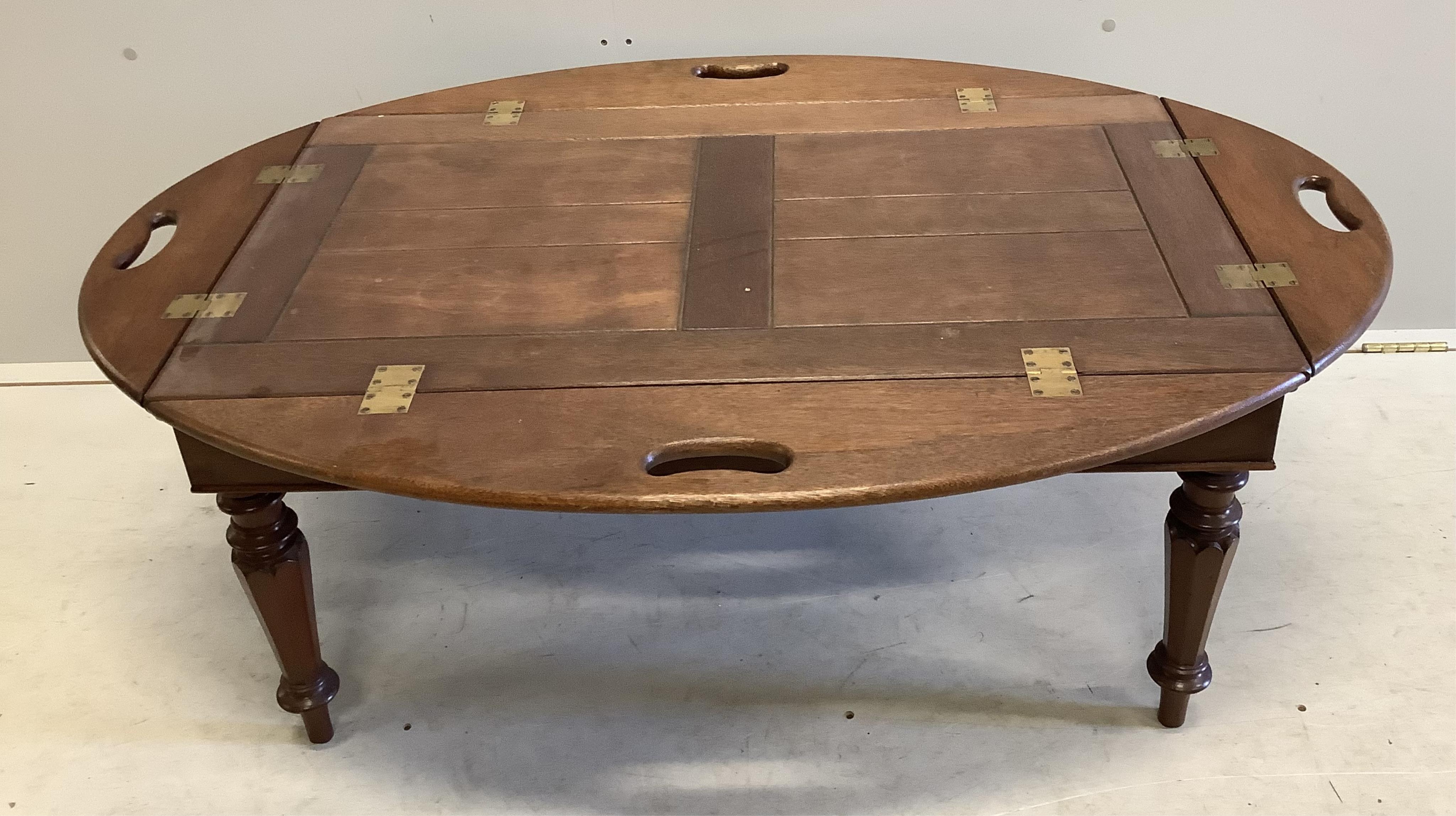 A reproduction mahogany butler's tray on stand, width 95cm, depth 54cm, height 58cm. Condition - fair